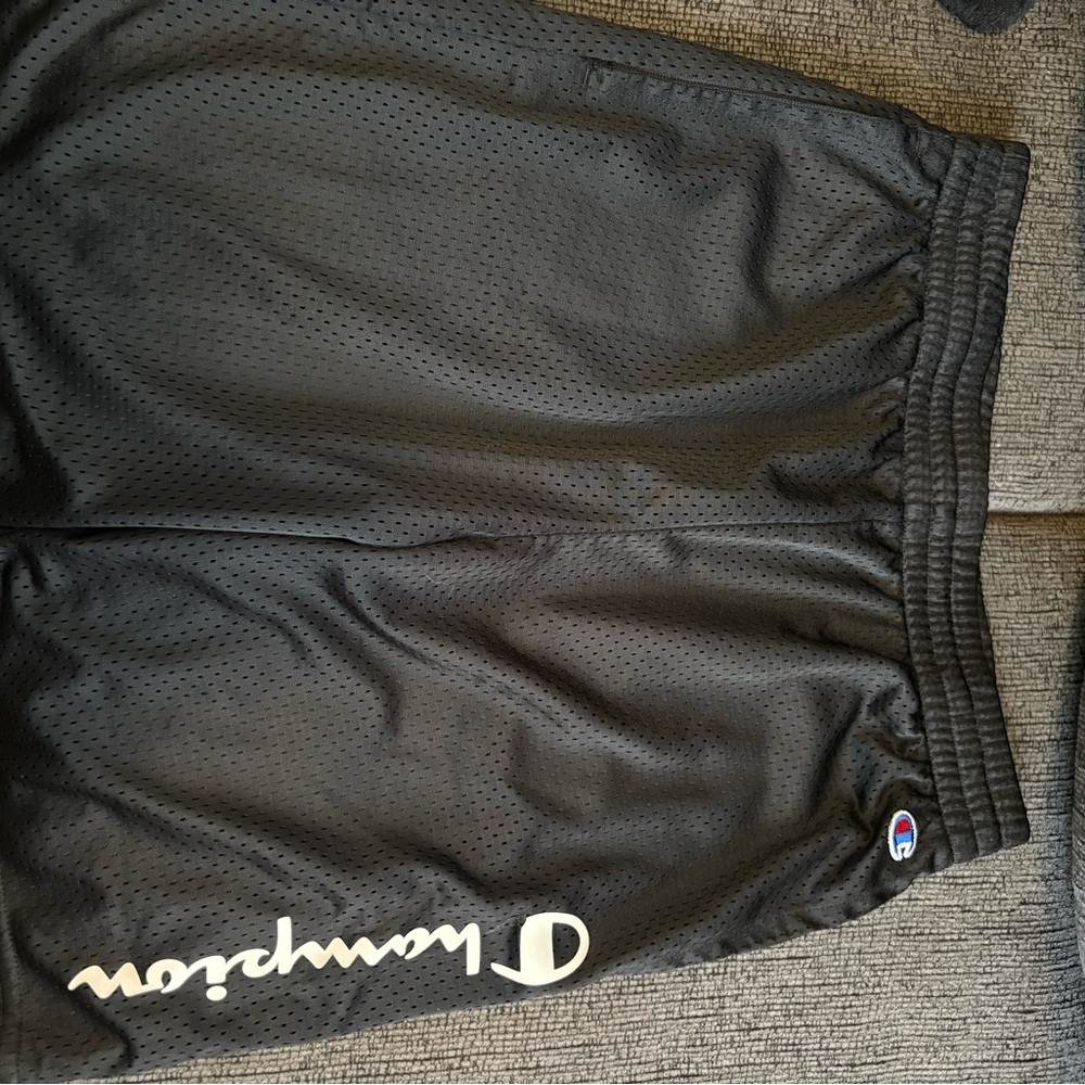 Champion Black Mesh Shorts with White Script Logo